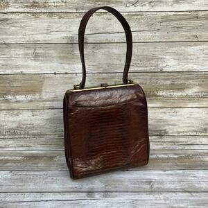 VTG Reptile Exotic Leather Purse Brown Framed Handbag Gold Tone Retro Animal 50s